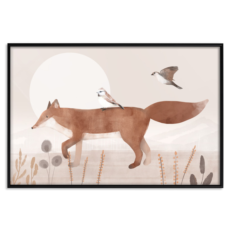 Plakat Wędrujący lis i ptaki - leśne zwierzęta idące w stronę słońca