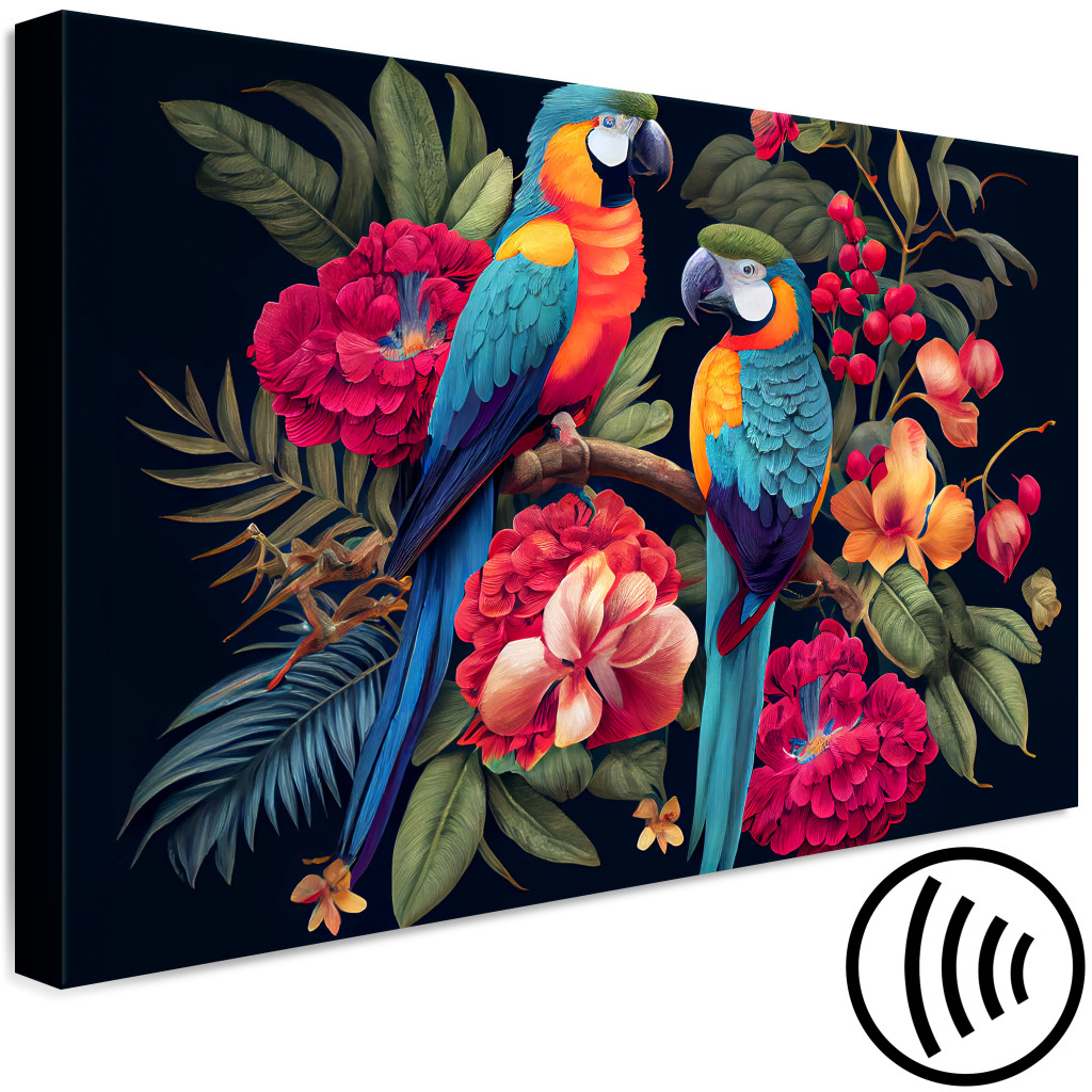 Quadro Exotic Birds - Parrots Among Colorful Vegetation In The Jungle