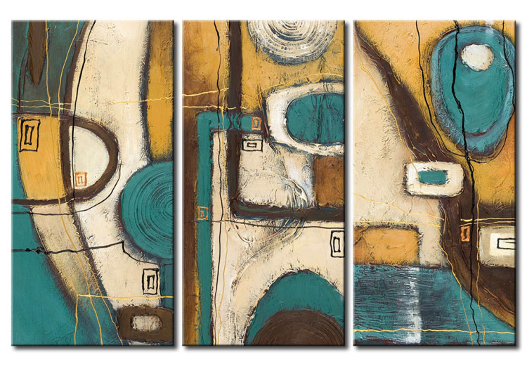 Quadro pintado Com desenho turquesa e dourado (3 peças) - abstração com figuras 46561