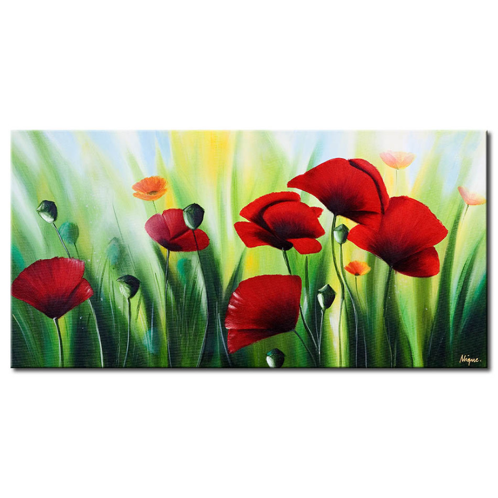 Schilderij  Klaprozen: Rode Klaprozen (1-delig) - Kleurrijk Bloemenmotief Met Groen Gras