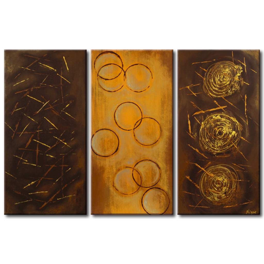 Quadro Pintado Cores (3 Partes) - Abstração Em Tons De Marrom E Ouro Em Padrões