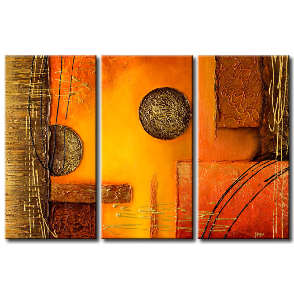 Schilderij  Abstract: Compositie (3-delig) - Oranje Abstractie Met Gouden Cirkels