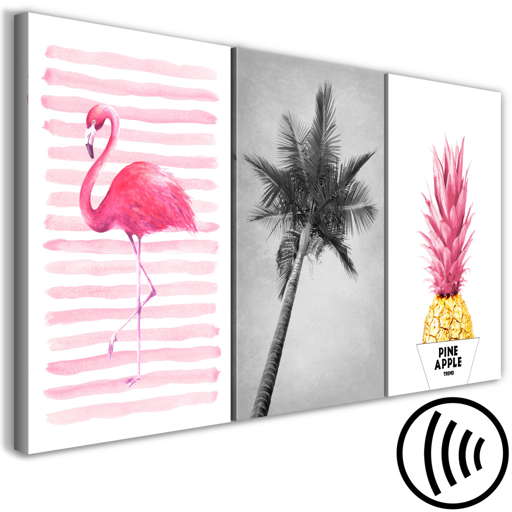 Konst Exotisk Komposition Med Flamingo, Palm Och Ananas - Triptyk Med Död Natur, Vild Natur Och Text I Grå, Rosa Och Gyllene Nyanser