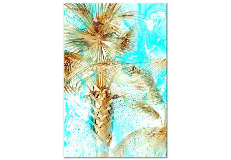 Quadro contemporaneo Palma dorata - Paesaggio con un albero tropicale su uno sfondo blu 131671