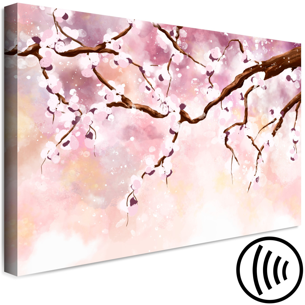 Schilderij  Bomen: Takje Kersenbloesem - Illustratie Met Boom Op Roze Background