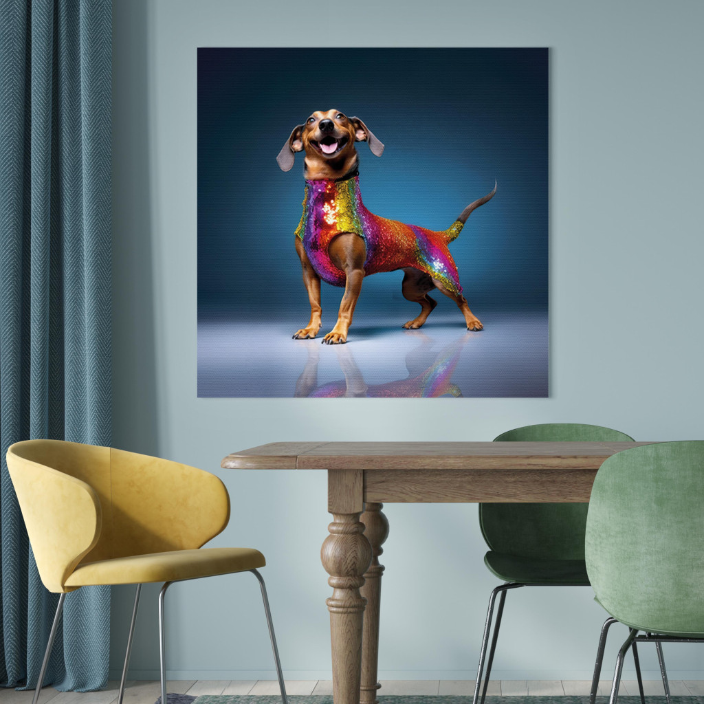 Obraz AI Pies Jamnik - Uśmiechnięty Zwierzak W Kolorowym Przebraniu - Kwadratowy