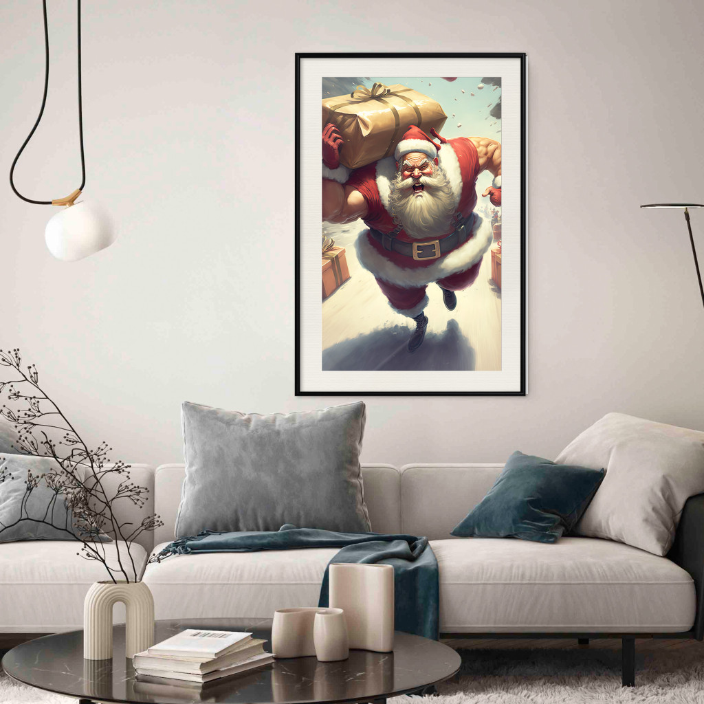 Muur Posters Christmas Madness - A Muscular Santa Claus Carrying A Gift