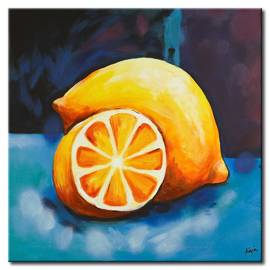 Målning Gul Citron (1-del) - Stilleben Med Frukt På Blå Bakgrund