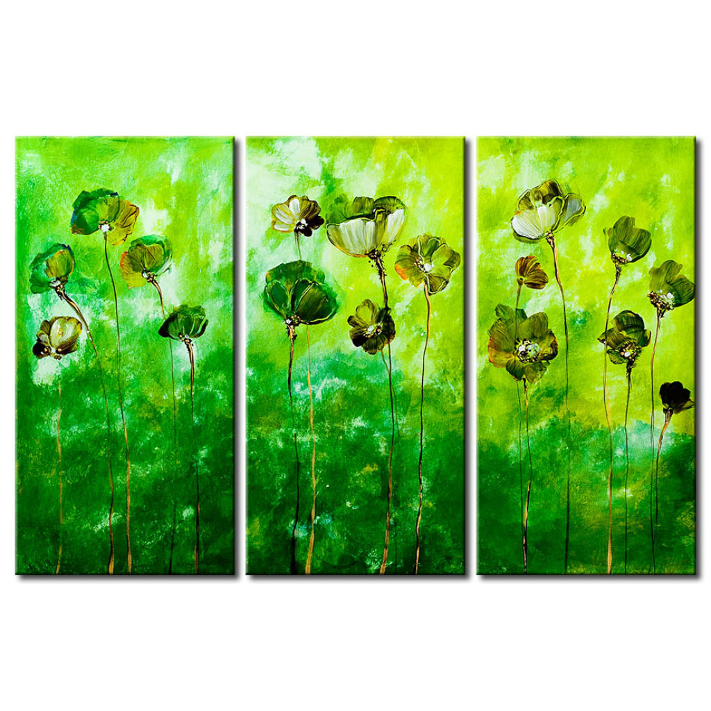 Schilderij  Klaprozen: Groene Bloemen (3-delig) - Compositie Met Het Effect Van Een Sappige Weide