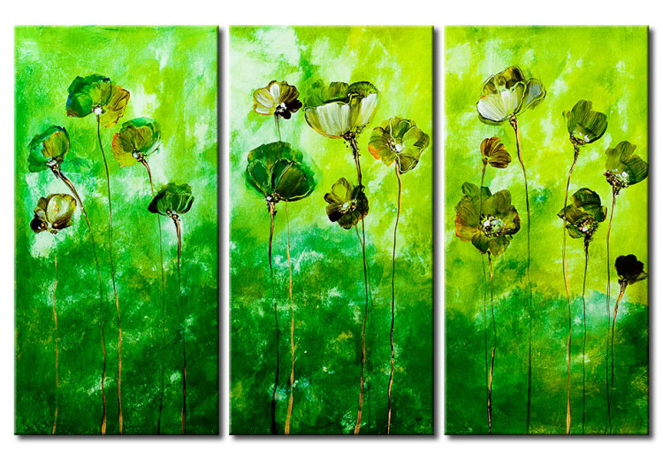 Canvas Art Print Green Flowers (3-piece) - Composition with a vibrant meadow effect 48571