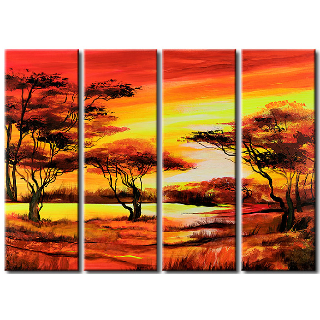 Quadro Pintado Savana Africana - Um Pôr-do-sol Cheio De Cores Quentes
