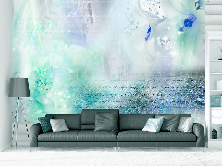 Photo Wallpaper Lilies - abstract with motif of flowers in shades of green and inscriptions 106581