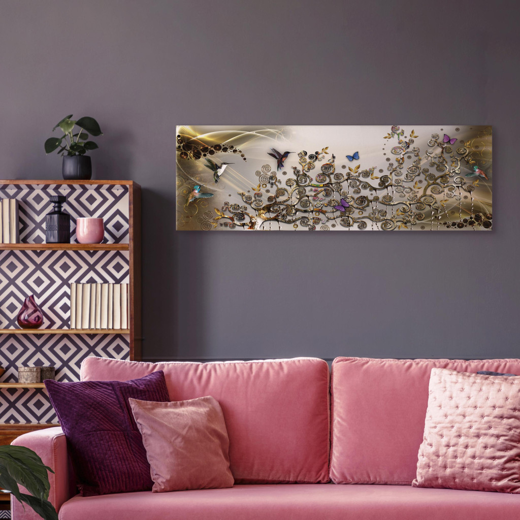 Obraz Taniec Kolibrów (1-częściowy) Złoty Wąski
