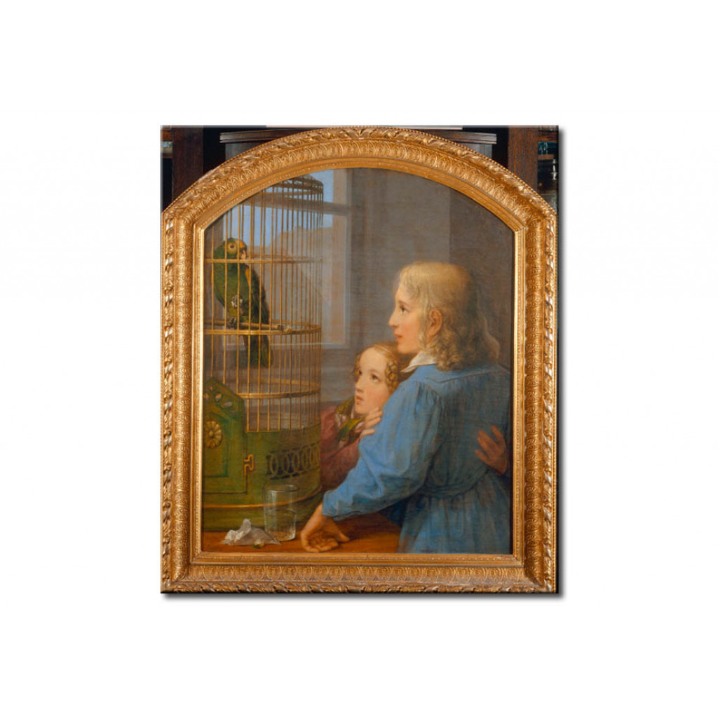 Schilderij  Georg Friedrich Kersting: Two Children Before A Parrot Cage