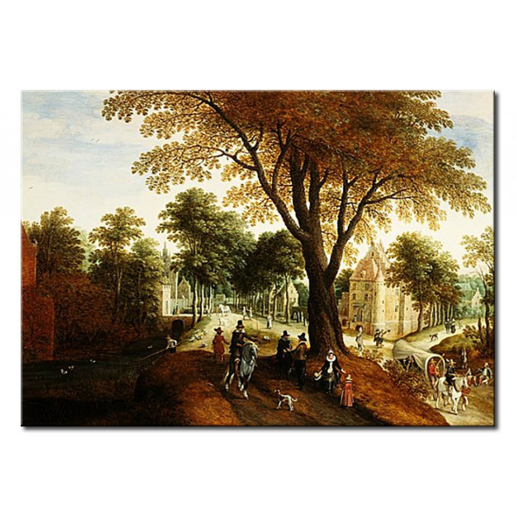 Reprodukcja Obrazu Elegant Horsemen And Figures On A Path In Front Of A Chateau