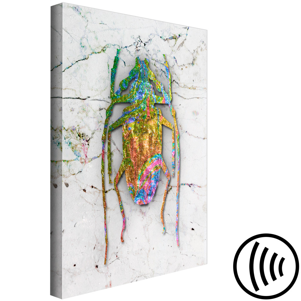 Schilderij  Andere Dieren: Regenbooginsect - Abstract, Metaalinsect Op Een Marmeren Achtergrond