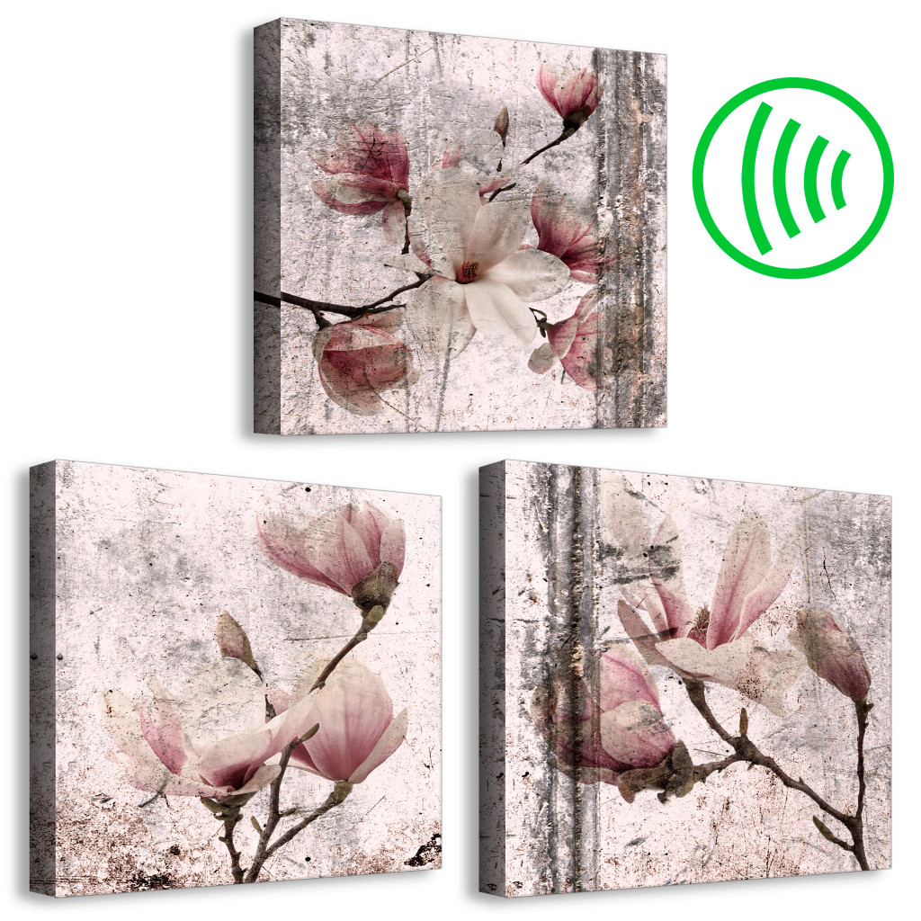 Schilderij  Magnolias: Bloemachtige Textuur Van Rozen (3-delig) - Magnolia's In Een Rustieke Natuurlijke Omgeving
