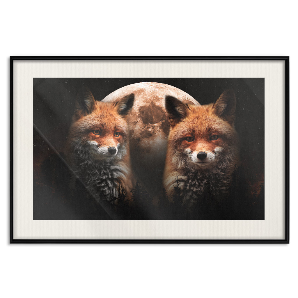 Muur Posters Forest Couple - Two Foxes And The Moon Against The Night, Starry Sky
