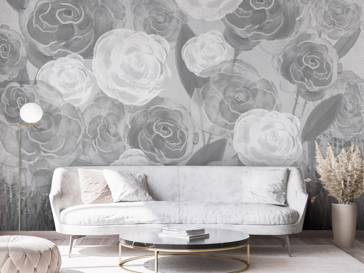 Mural de parede Dense Roses - Painted Large Flowers in Shades of Gray 145181