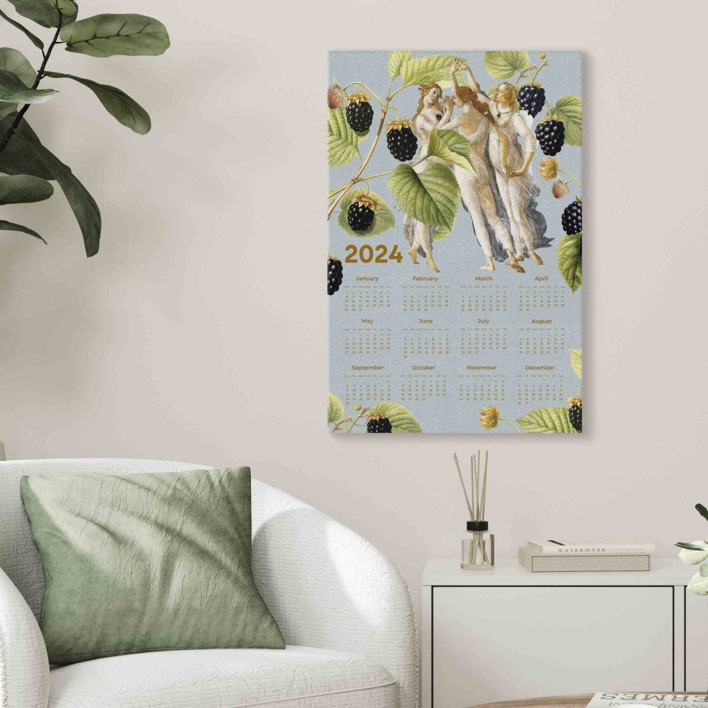 Schilderij  Met Inscripties: Calendar 2024 - Three Graces On A Background Collage With Botanical Illustration