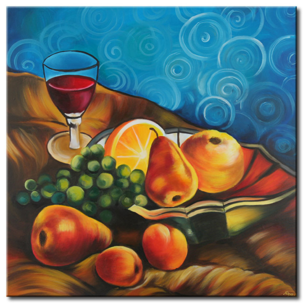 Konst Natur Med Frukt (1-del) - Päron Och Vin På Blå Bakgrund