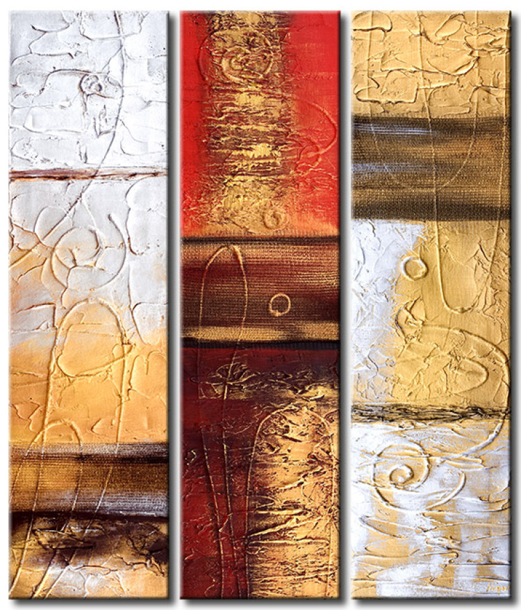 Tableau sur toile Fantaisie (3 pièces) - abstractions dorées sur fond de motifs colorés 48181