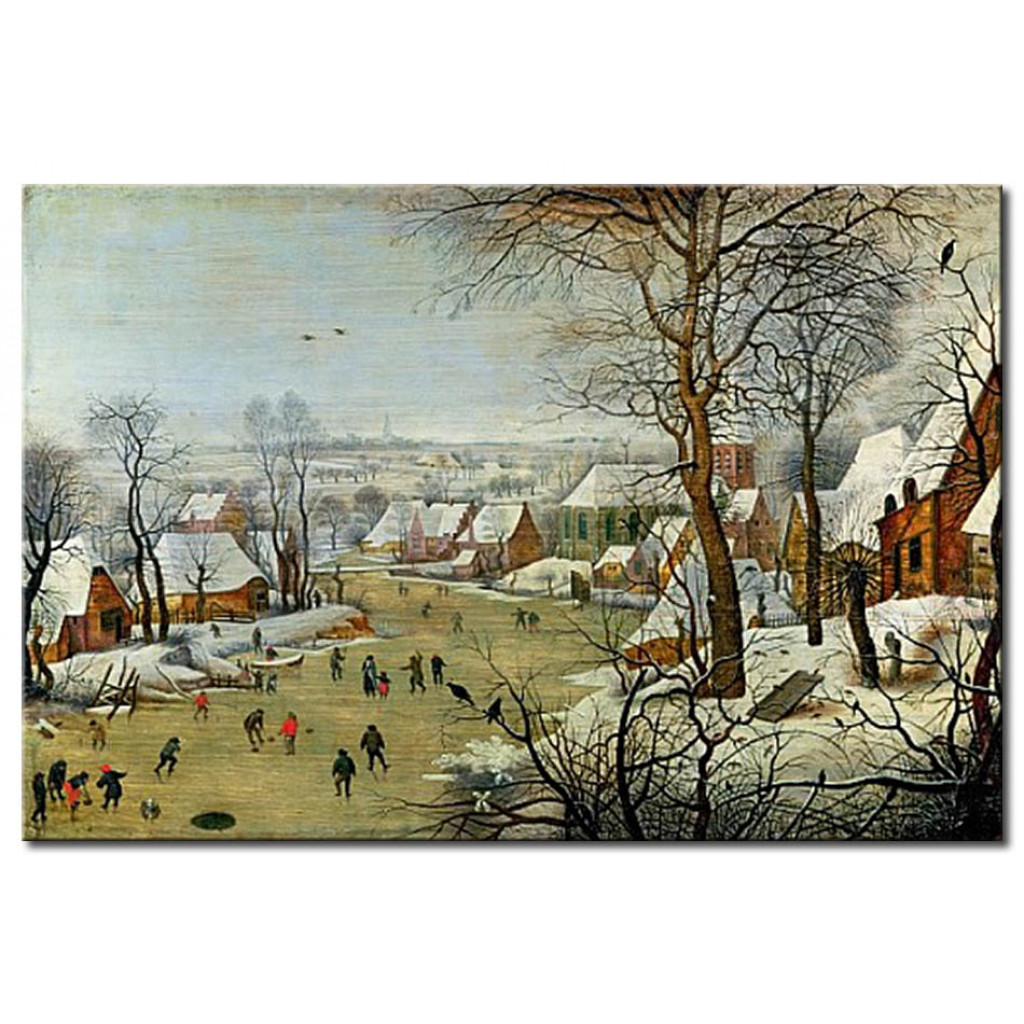 Canvastavla Winter Landscape With Skaters And A Bird Trap