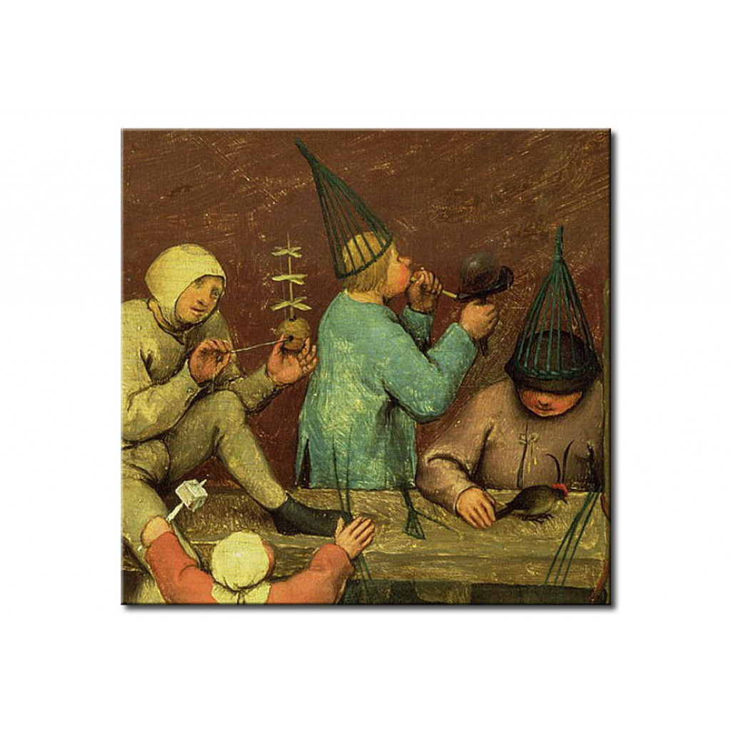 Schilderij  Pieter Bruegel The Elder: Children's Games (Kinderspiele): Detail Of Left-hand Section Showing Children Making Toys And Blowing Bubbles