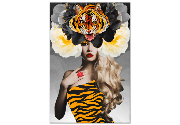 Canvas Woman with flowers and tiger - abstract portrait on grey background