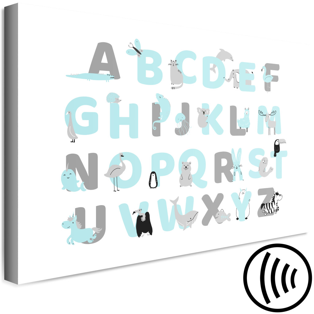 Schilderij  Voor Kinderen: English Alphabet For Children - Blue And Gray Letters With Animals