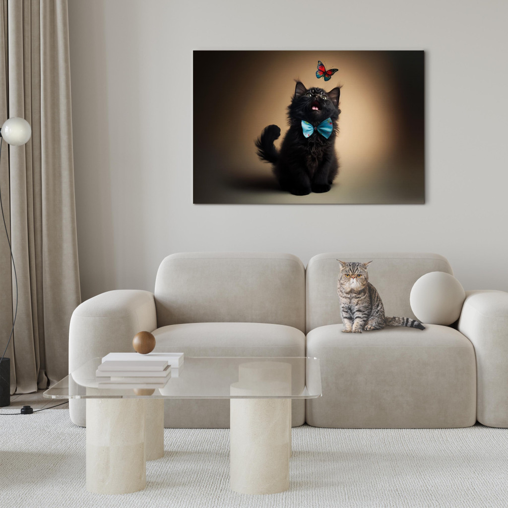 Schilderij  Katten: AI Cat - Animal In A Bow Tie Watching A Colorful Butterfly - Horizontal