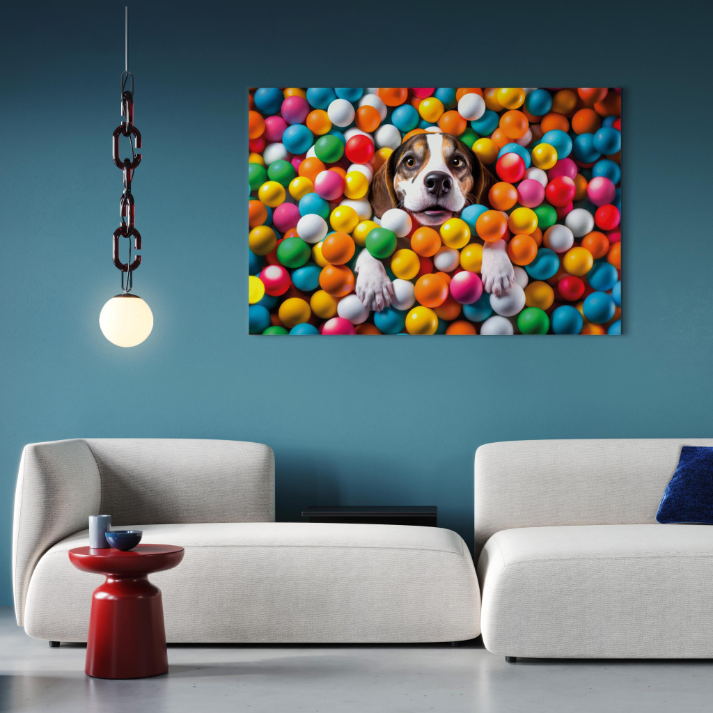 Obraz AI Pies Beagle - Zwierzak Zatopiony W Kolorowych Kulkach - Poziomy