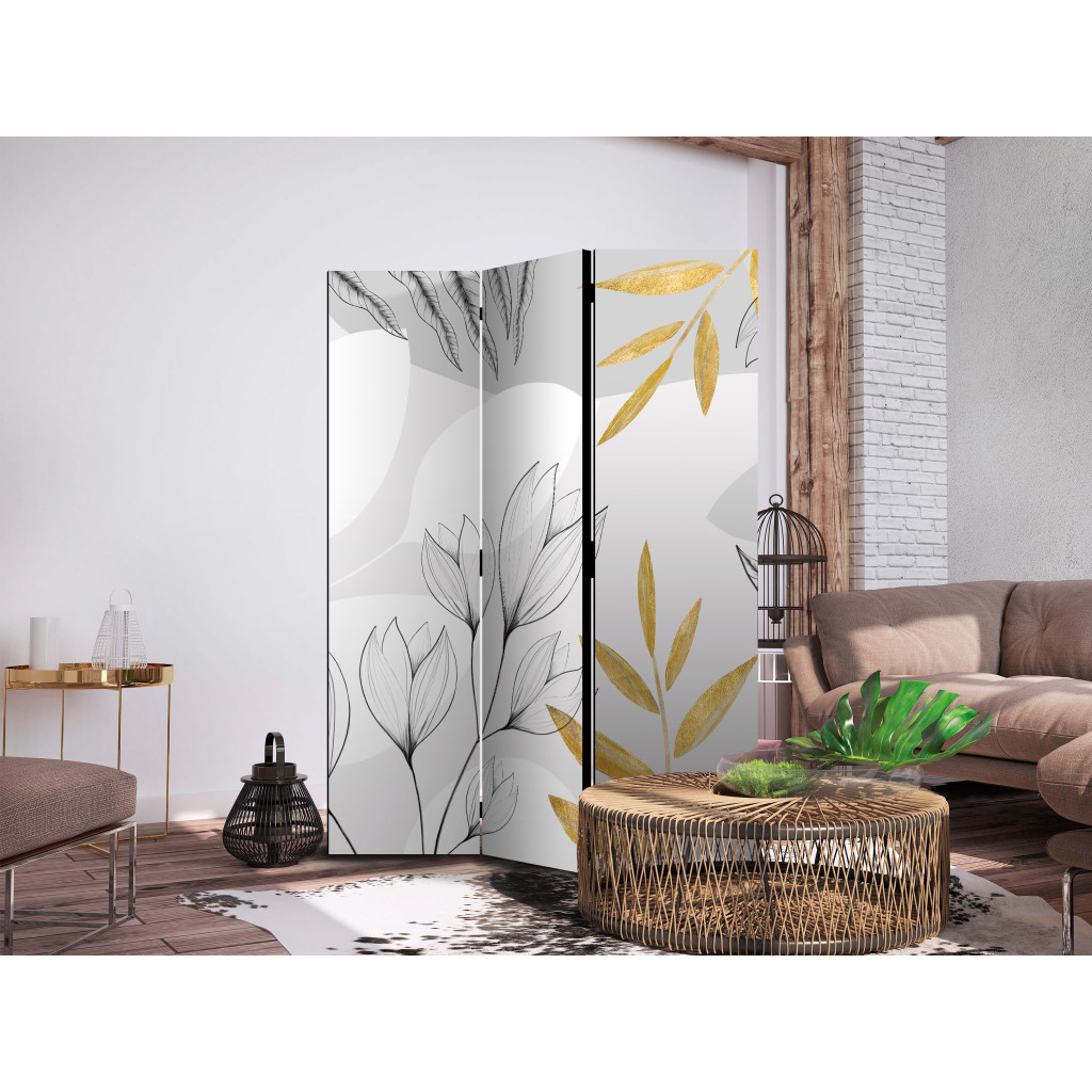 Rumsavdelare Spring Abstraction - Leaves And Flowers With Gold Elements [Room Dividers]