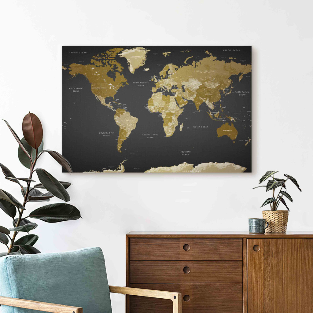 Quadro Pintado Brown Map - Political Division Of The World Against The Background Of The Black Ocean