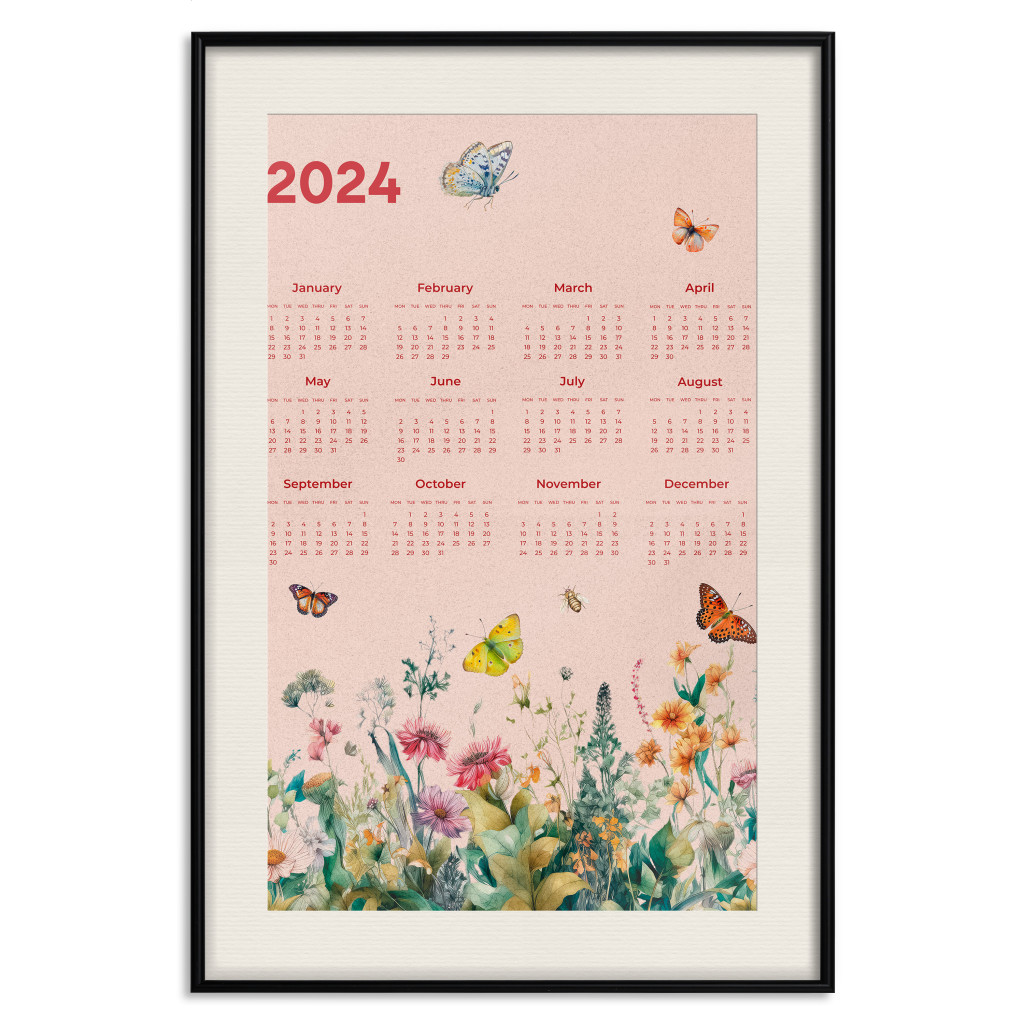 Plakat: Kalendarz 2024 - Piękne Motyle Latające Nad Kwiecistą łąką