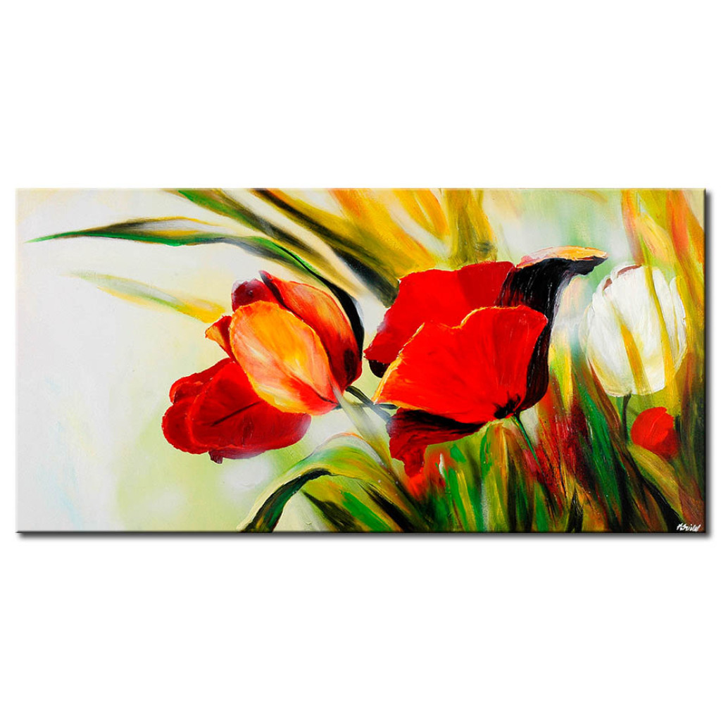 Schilderij  Tulpen: Verborgen Tulpen (1-delig) - Compositie Van Bloemen En Hoog Gras