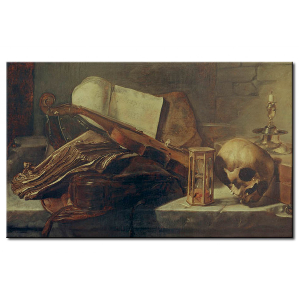 Schilderij  Rembrandt: Still Life With Books, Violin, Skull And Hour Glass