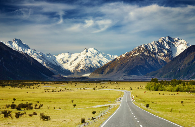 Photo Wallpaper New Zealand - Landscape of Snowy Mountains with Green Fields and Road 59991