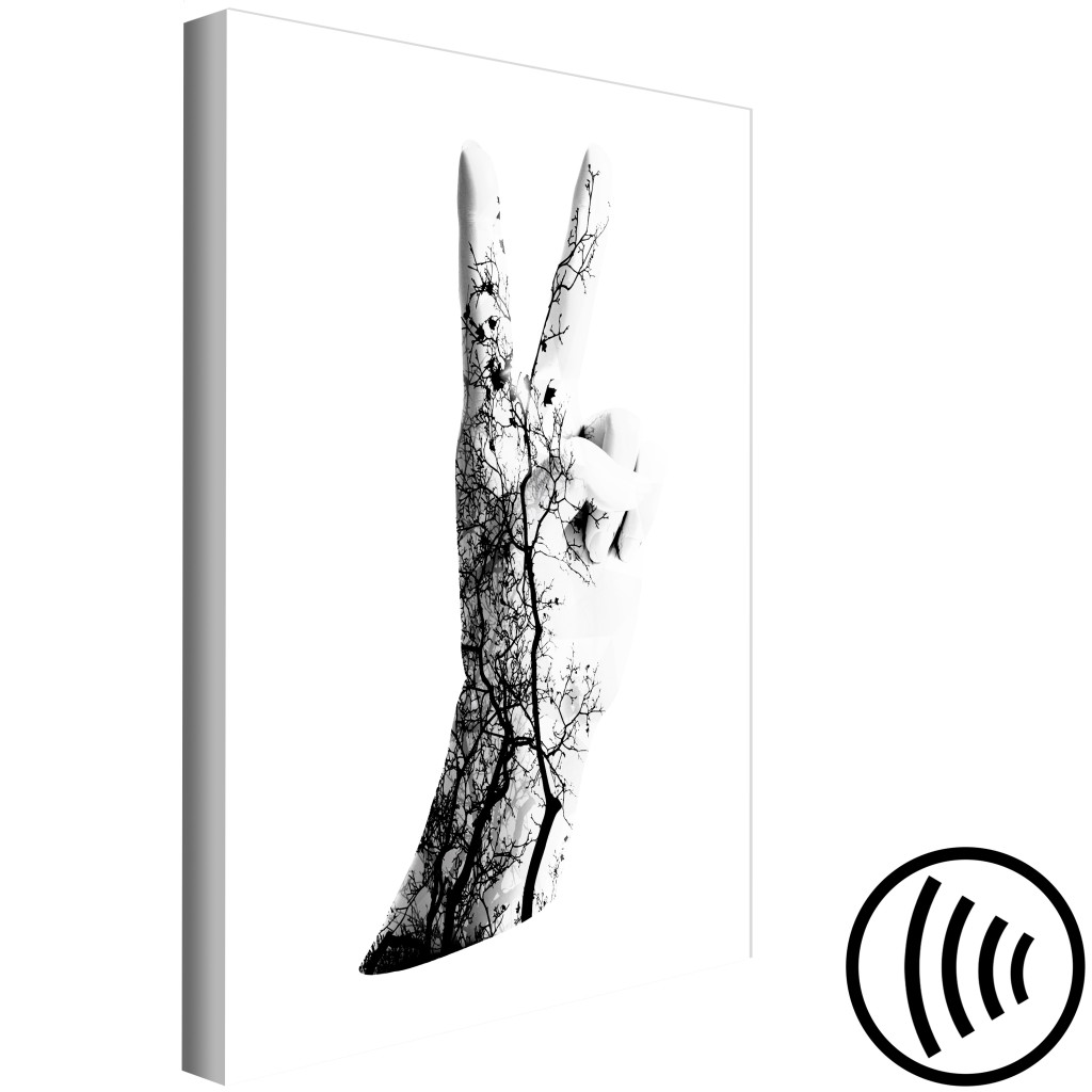 Quadro Em Tela Mão Do Artista (1 Peça) - Árvore Em Preto E Branco Com O Sinal Da Vitória