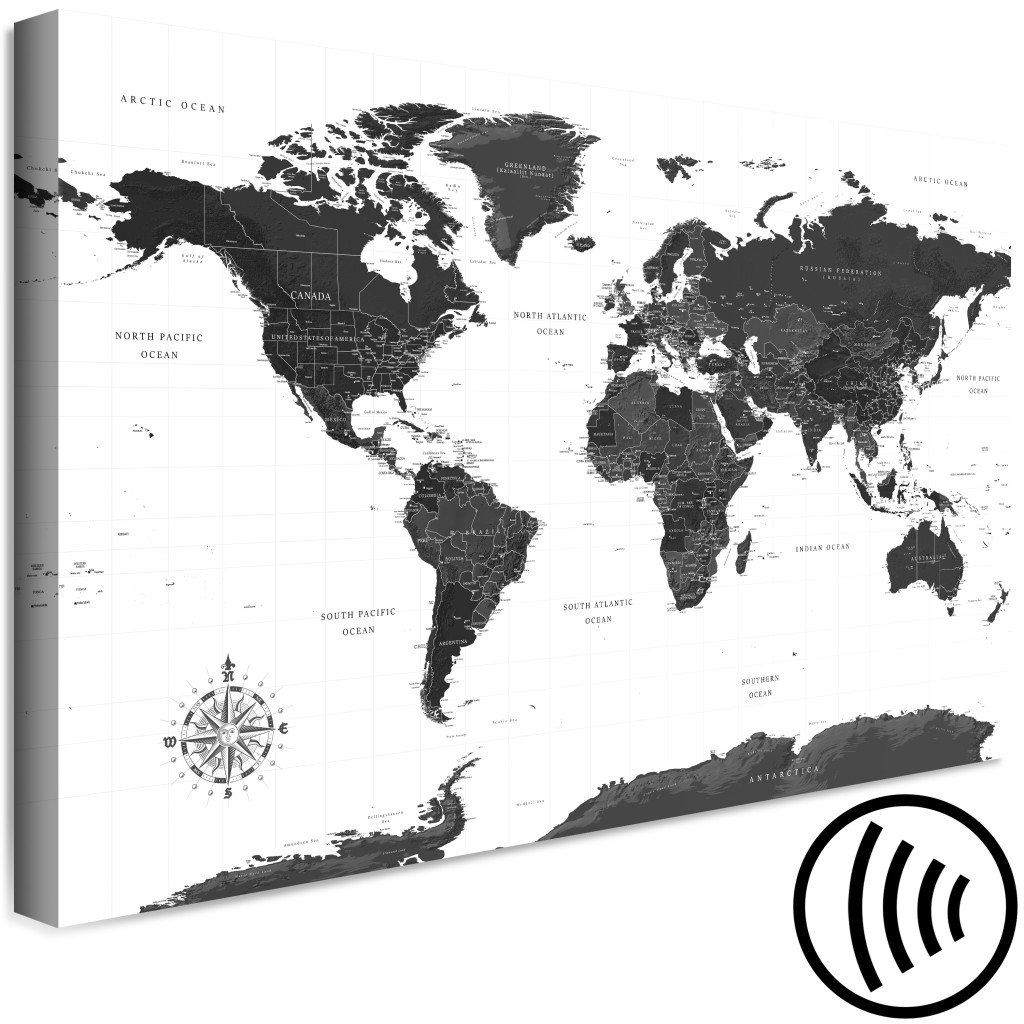 Schilderij  Kaarten Van De Wereld: In De Voetstappen Van Continenten (1-delige Serie) - Zwart-witte Wereldkaart Met Teksten