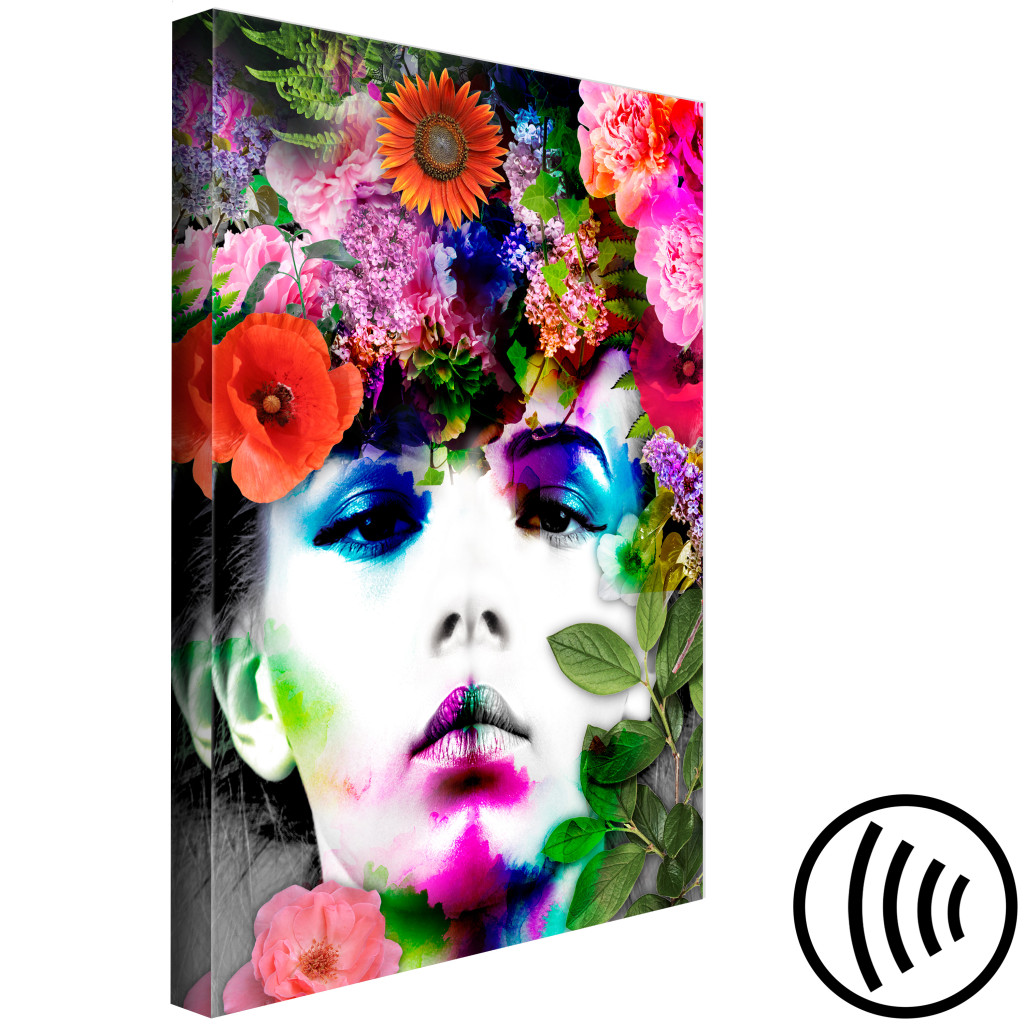 Pintura Em Tela Grinalda Floral - Retrato Colorido De Mulher Com Uma Grinalda Floral