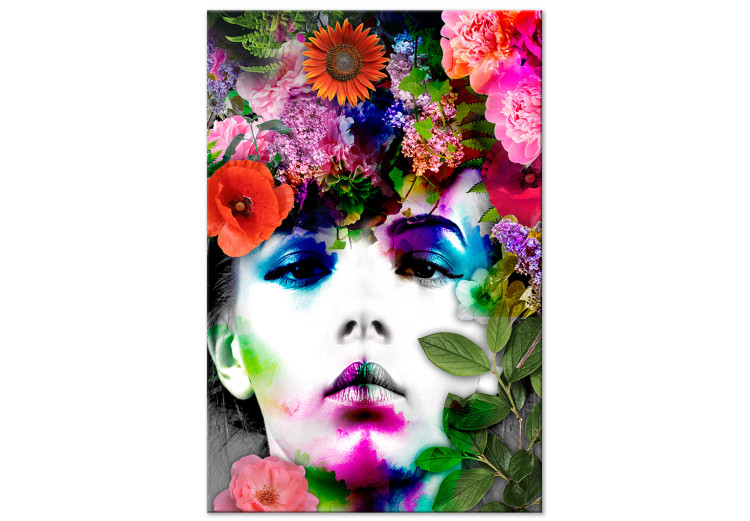 Obraz na płótnie Kwiecista korona - kolorowy portret kobiety z kwiatowym wiankiem