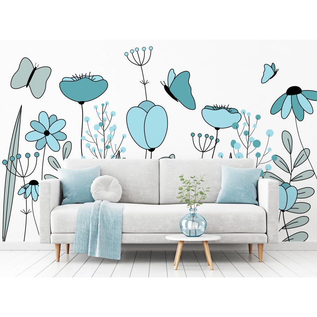Fotobehang Weide: Getekend Veld - Grafische Lineaire Blauwe Bloemen, Bladeren En Vlinders