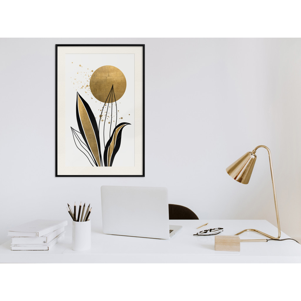Poster Decorativo Abstract Nature - Black And Gold Leaves, Rising Sun And Dew