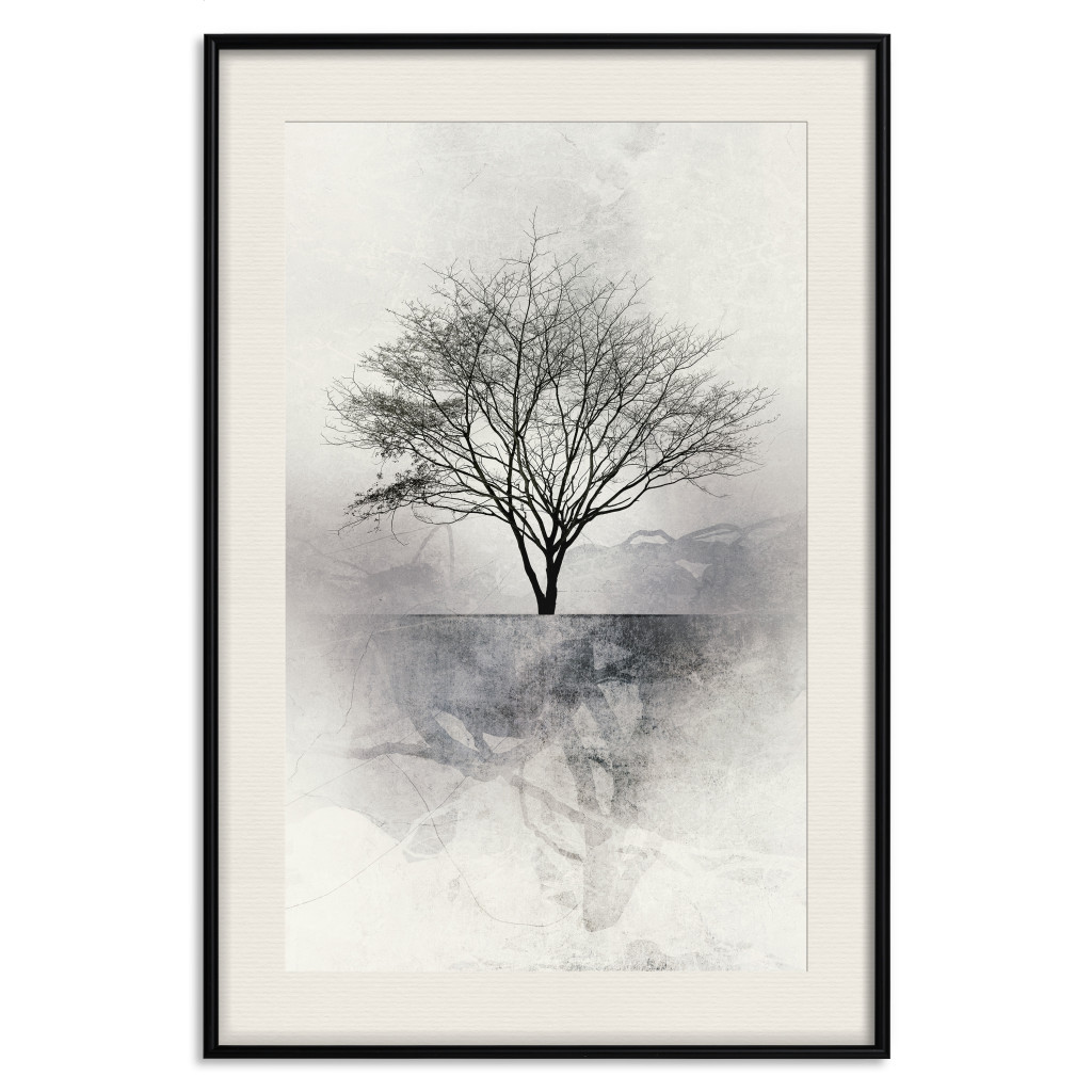 Plakat: Pejzaż - Samotne Drzewo Na Abstrakcyjnym Jasnoszarym Tle