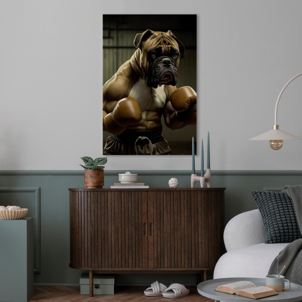 Schilderij  Honden: AI Boxer Dog - Fantasy Portrait Of A Strong Animal In The Ring - Vertical