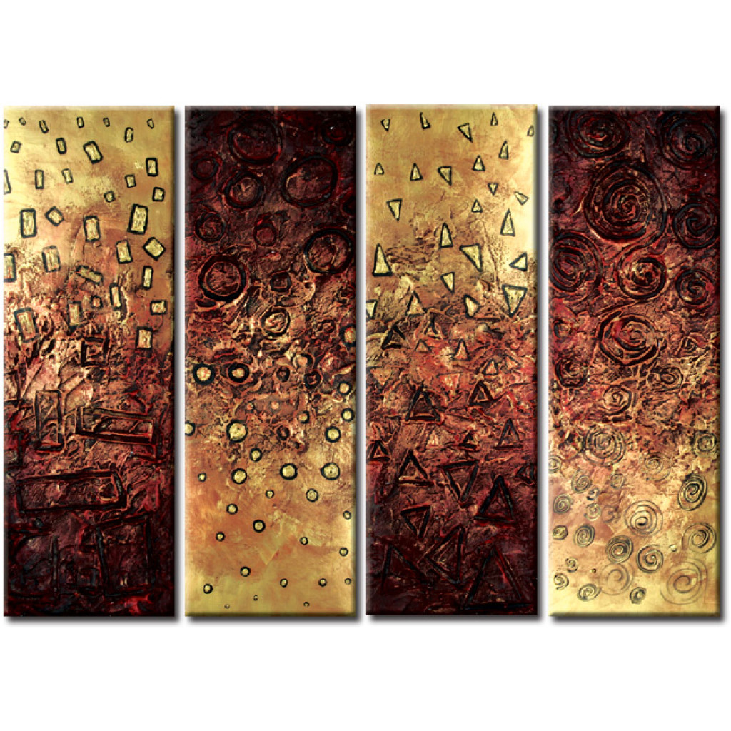 Quadro Pintado Ouro E Cobre (4 Partes) - Abstração Com Fantasia De Pequenos Elementos