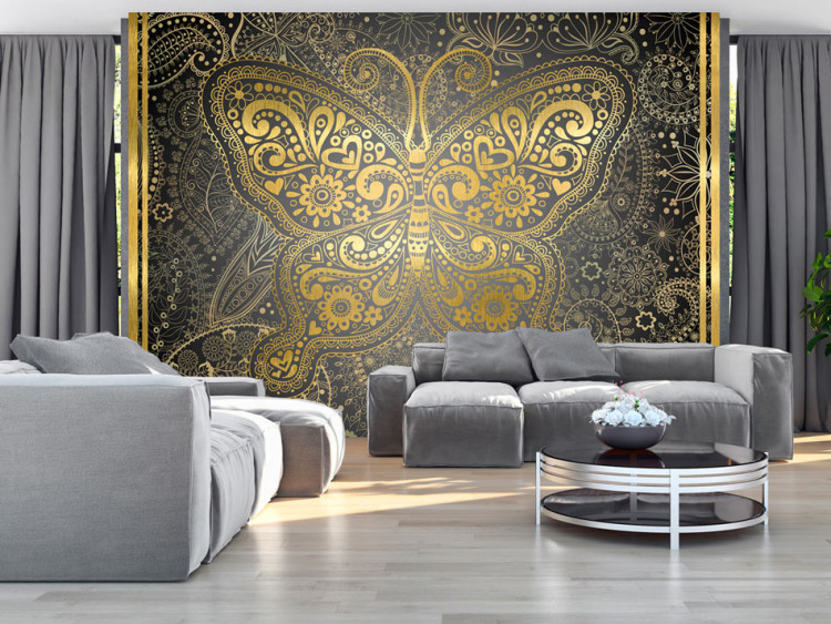 Wall Mural Oriental Design - Butterfly Ornament in Oriental Style on a Black Background 60102