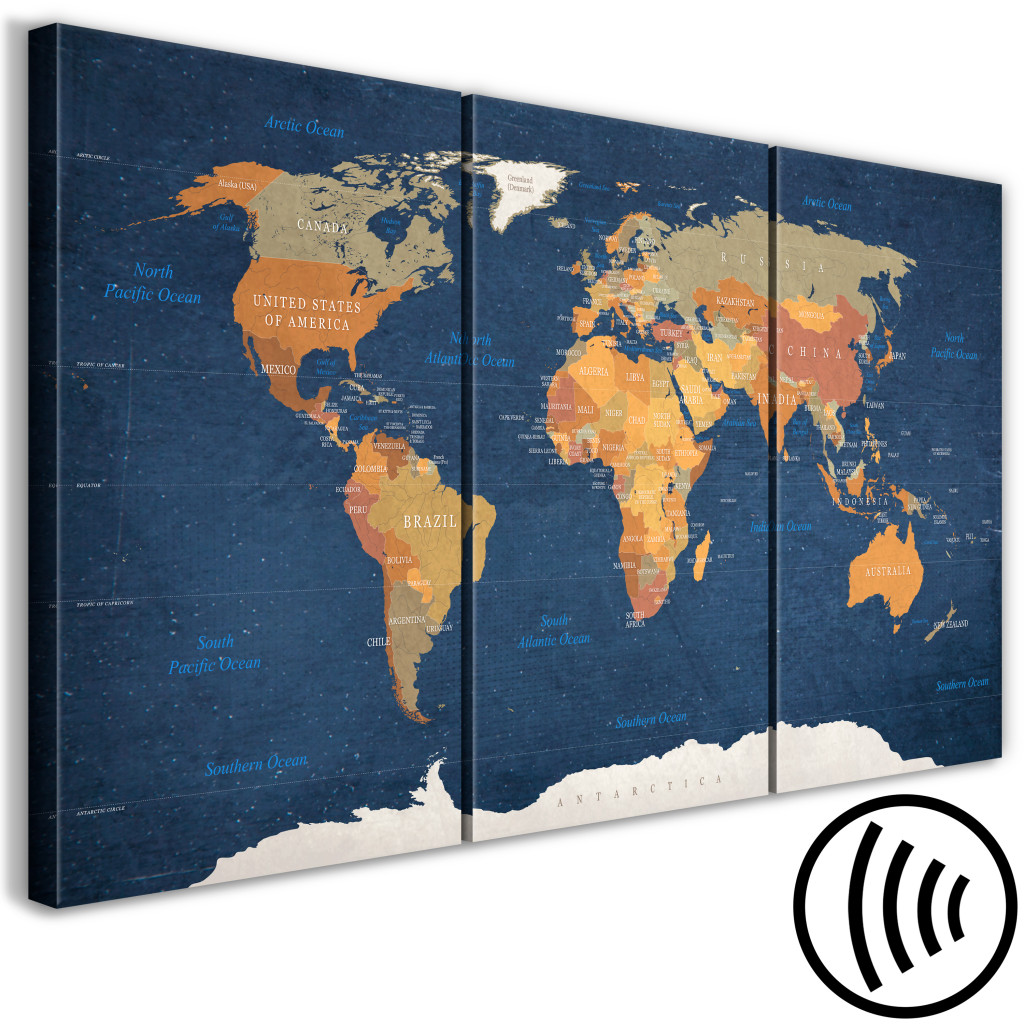 Schilderij  Kaarten Van De Wereld: World Map: Ink Oceans (3 Parts)