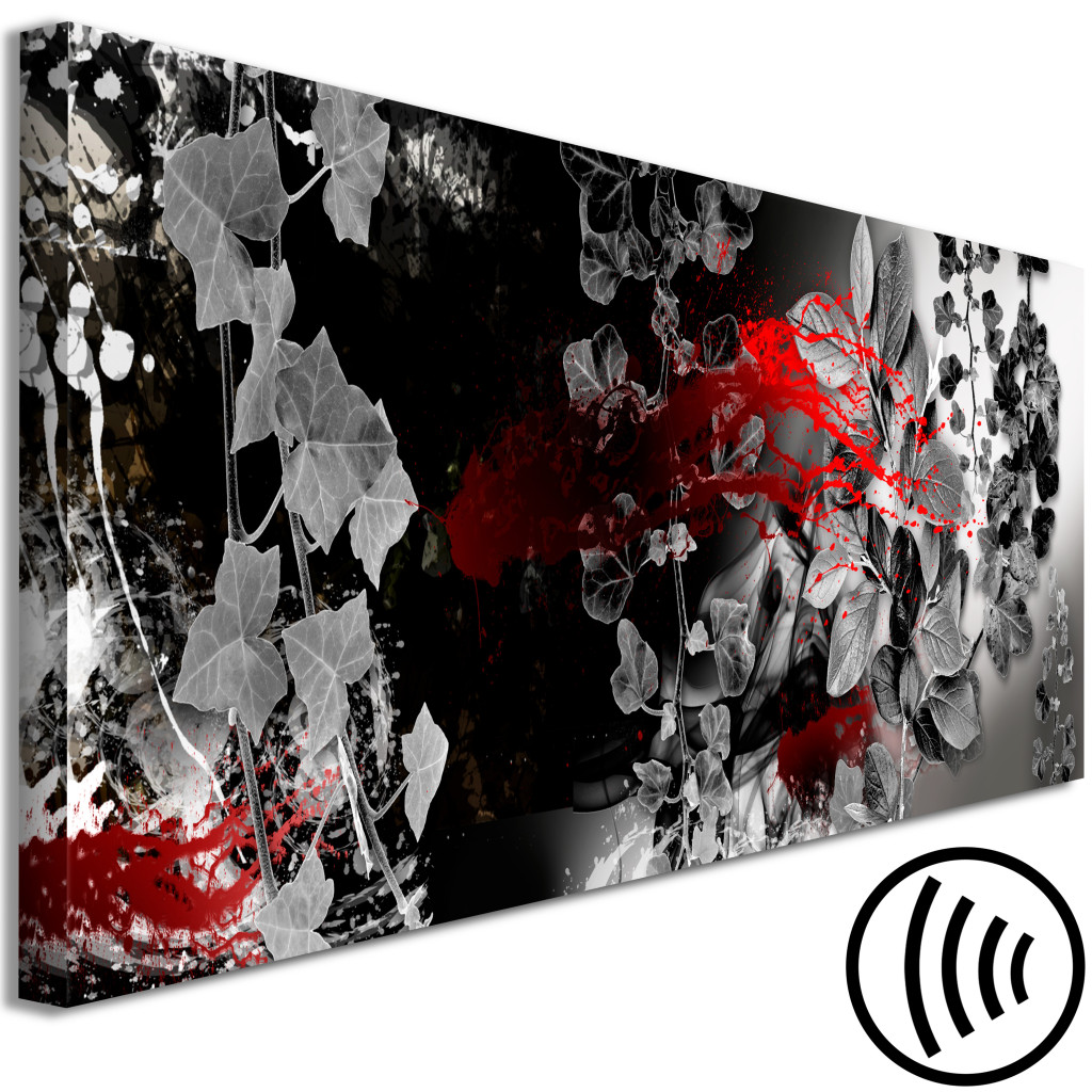 Schilderij  Florale Motieven: Grijze Bladeren Op Een Zwarte Muur - Abstractie Met Een Rood Accent